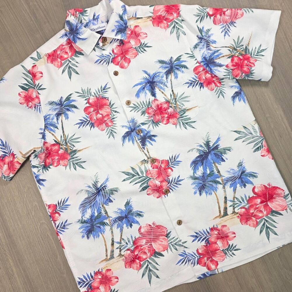 Caribbean Tropical Hibiscus Palm Tree Hawaiian Shirt Size L